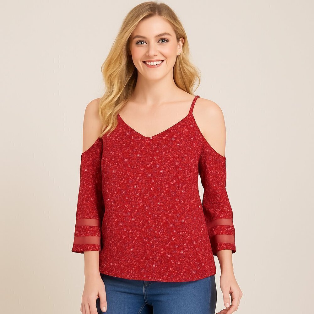 Jouica Red Floral Cold Shoulder V Neck Blouse Small NWT